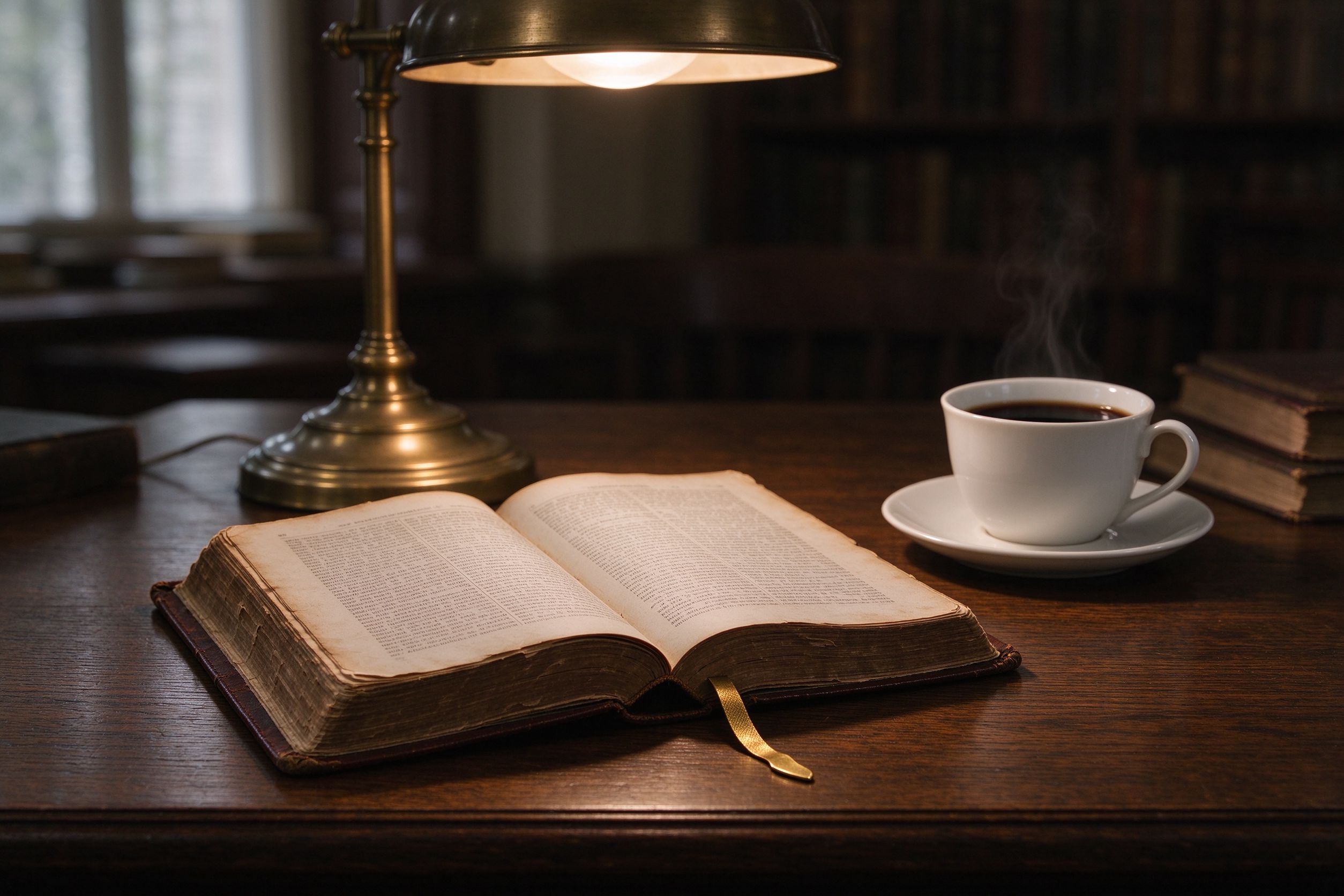 Open leather-bound book under a brass reading lamp